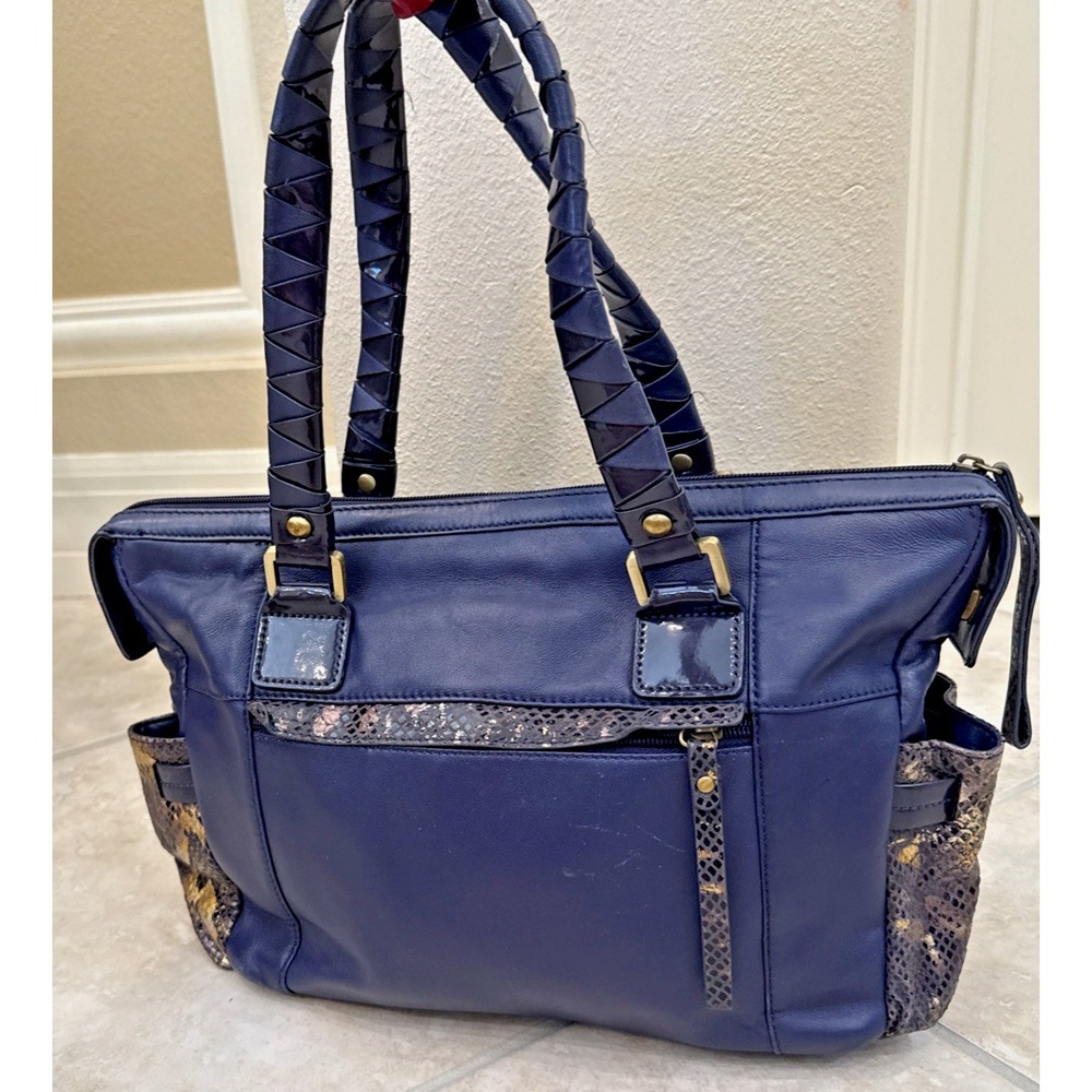 Sharif 1827 Navy Blue Leather Shoulder Bag Purse Faux Snakeskin Purse Preppy - Picture 2 of 14